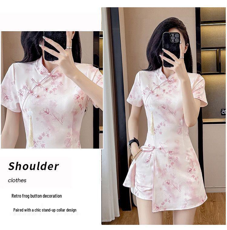 2026 Chinese Style Qipao Two-Piece: Short Sleeve Top & Shorts Set
