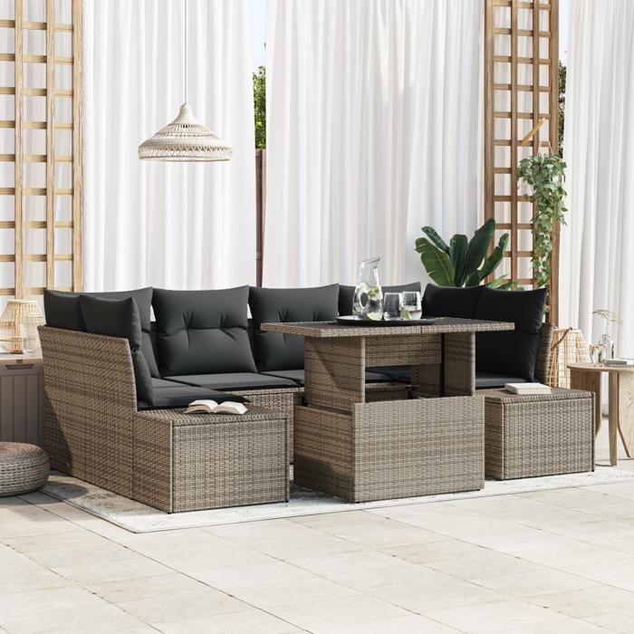 VidaXL Ensemble de canapé de jardin 7 pièces avec coussins Gris en poly rotin 3357852