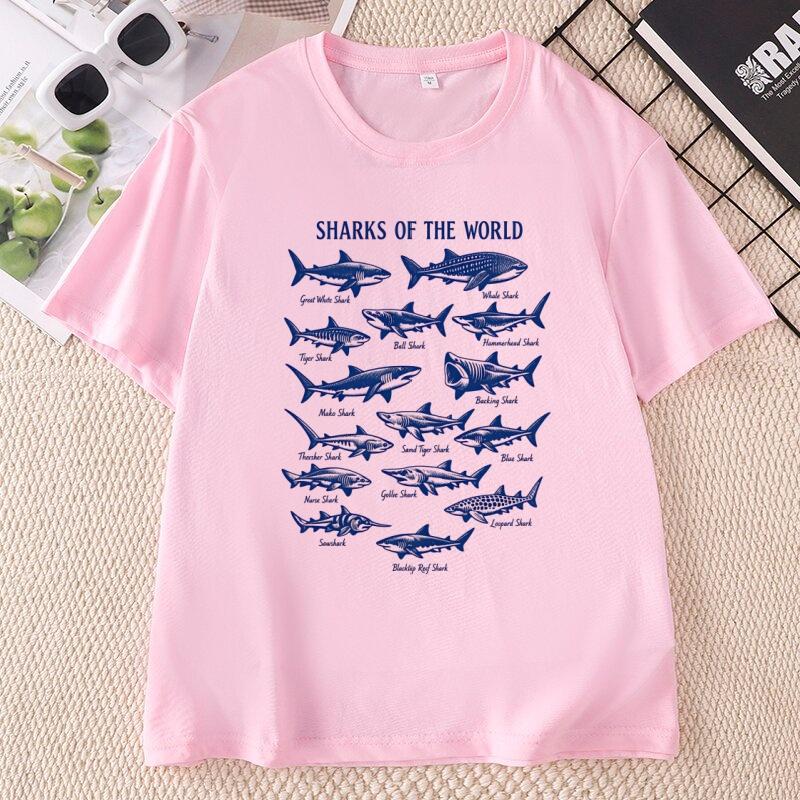 Vintage Sharks of The World T Shirt Ocean Nature Graphic Tee Cotton Short Sleeve Printed Tshirts Casual Unisex Clothes Tops