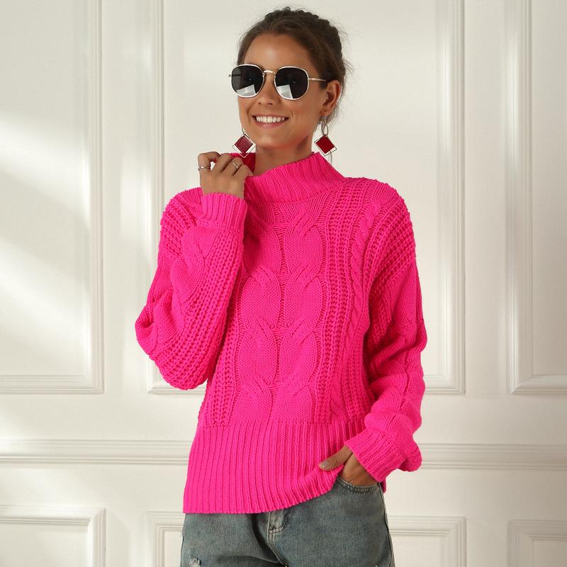 Leuchtende Farbe Kabelstrick Übergröße Damenpullover - Langarm Locker Halber Rollkragen Pullover