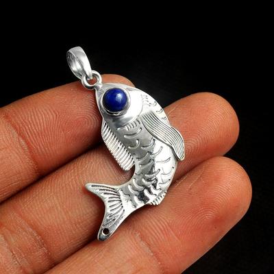 Handmade Lapis Lazuli Fish Pendant Solid 925 Sterling Silver Charm Jewelry