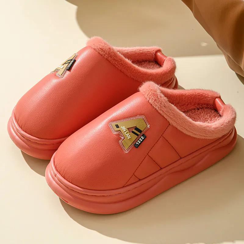 WTEMPO Couple PU Thick Flat Heel Warm Slippers Faux Leather Close-toe Autumn Winter Cotton Indoor Home Plush Slippers
