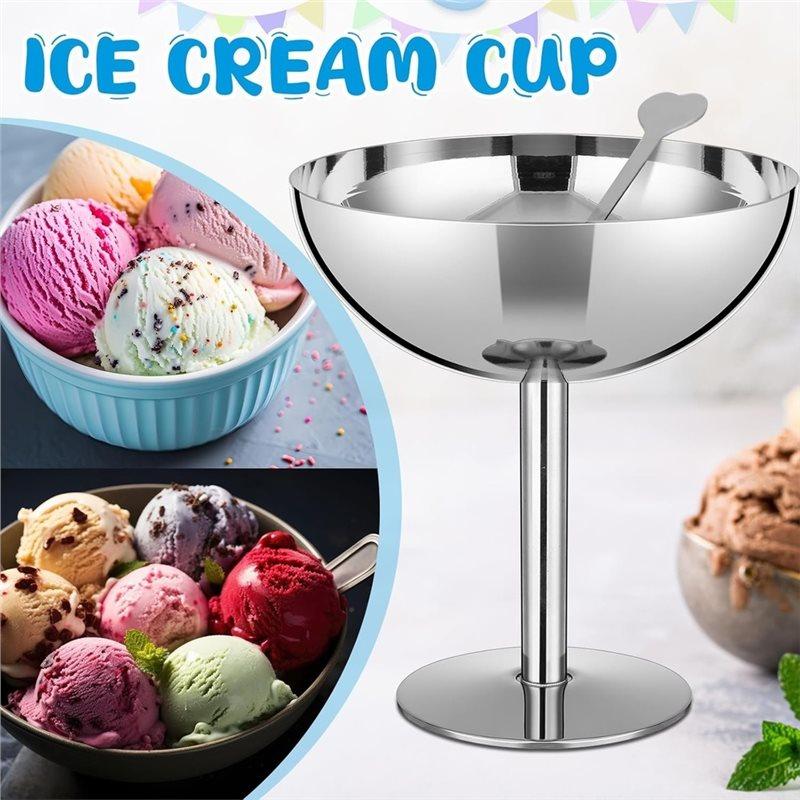 J1UL1N Bulk 6 Sets Stainless Steel Ice Cream Cups Dessert Bowls With Forks Silver Small Metal Footed Cup For Party Supplies 6.7