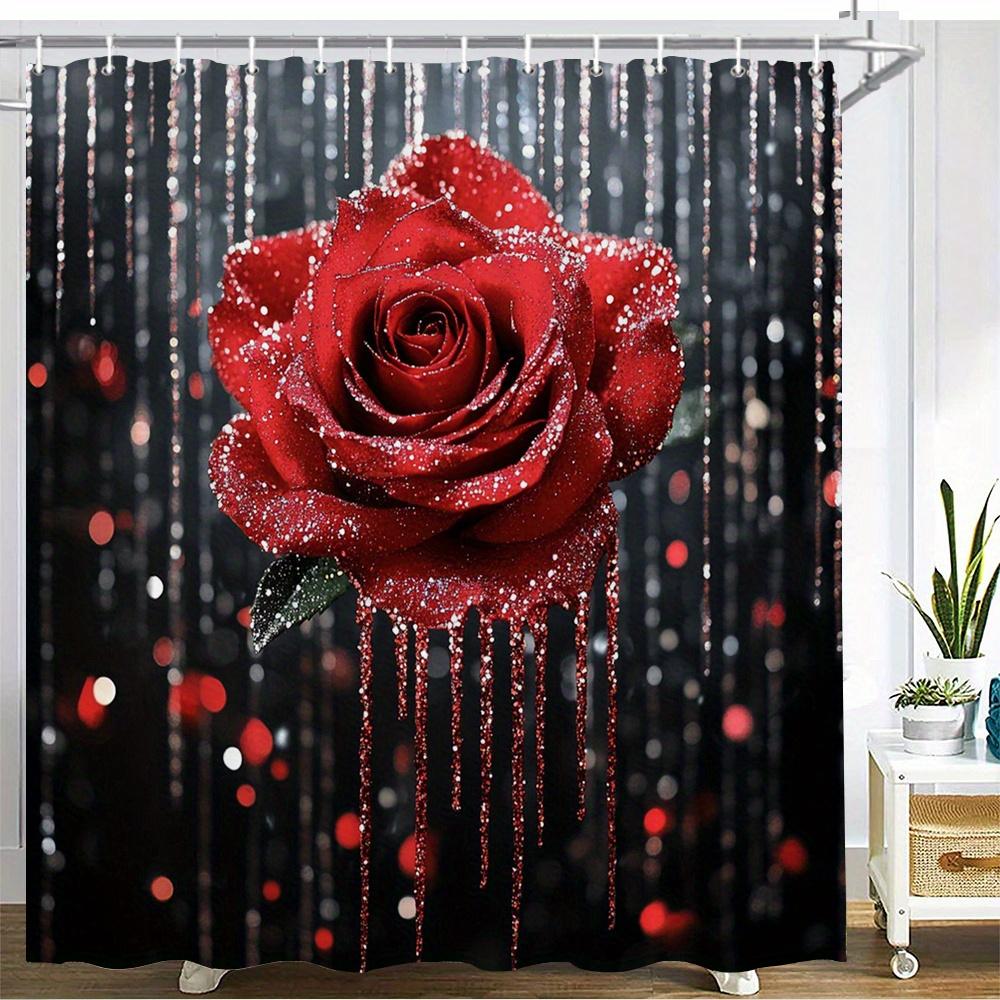 Red Rose with Glitter Drips Waterproof Mildew-Resistant Shower Curtain -Romantic Design for a Stunning Bathroom Décor Experience