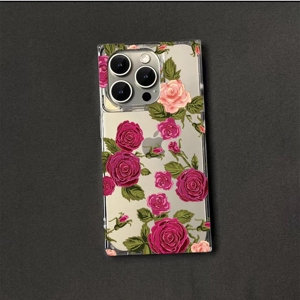 Square Back Tube Protection Clear Case For iPhone 11 13 16 ProMax 15 Plus 14 Pro Max 12 Anti-Oxygen,Full Screen Rose Pattern Casing