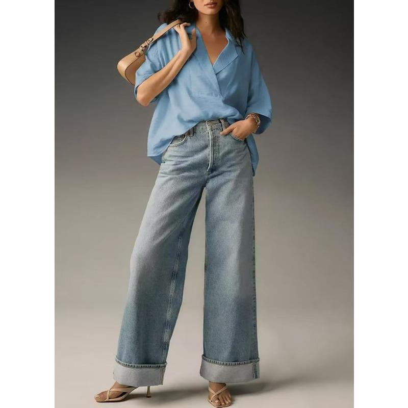 Short Sleeved Lapel Casual Loose Top Solid Color Women’s Blouses & Shirts