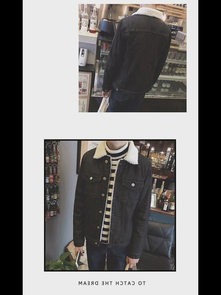 Heren Retro Dikke Winter Denim Jas met Bontkraag en Lamswollen Voering