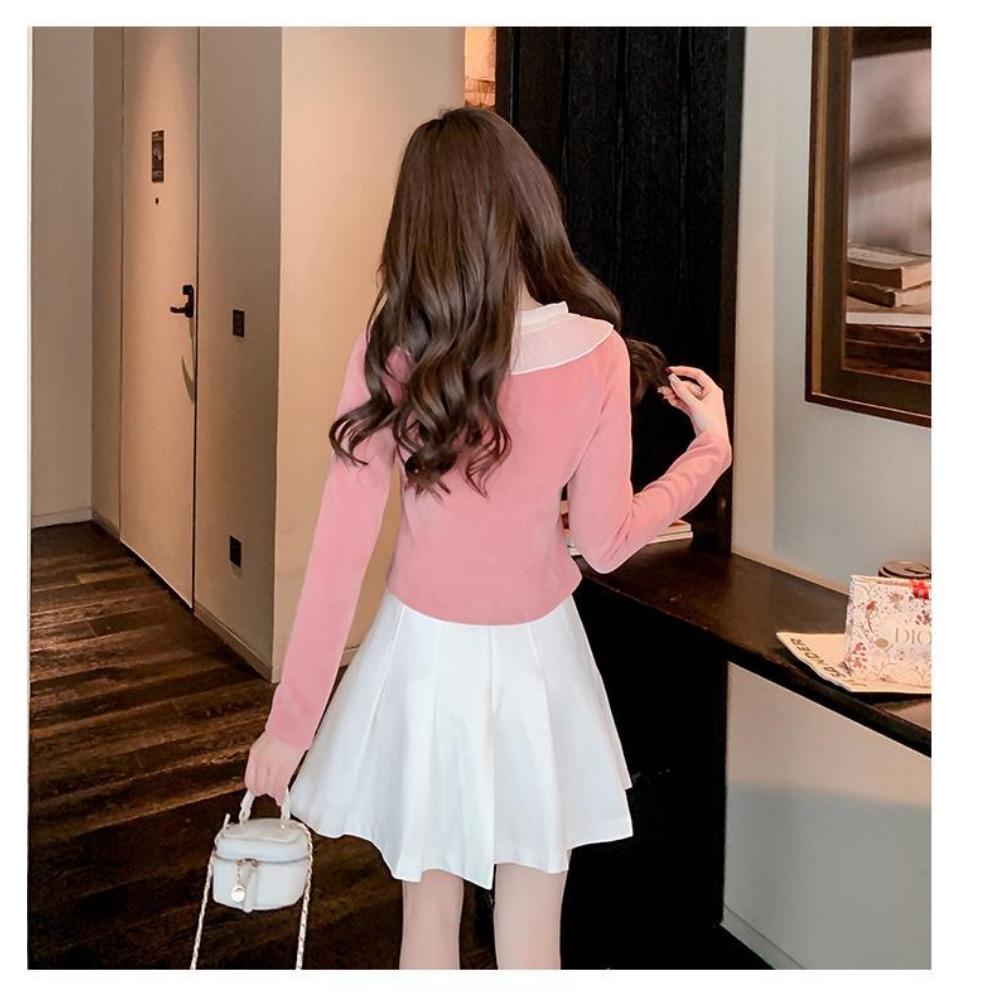 Spring New Style French Hepburn Style Bow Chic Lace Collar Sweet Slimming Fashionable and Versatile Long-sleeved Top for Women