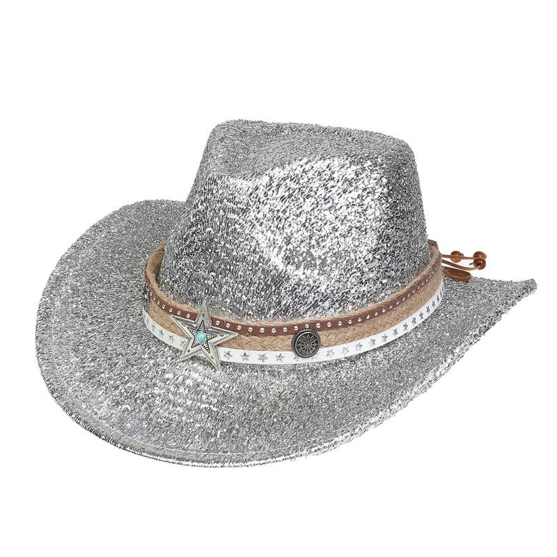 Glitzerndes Cowboyhut Unisex Westernstil Breiter Rand Fedora Hut für Party Festival Cosplay