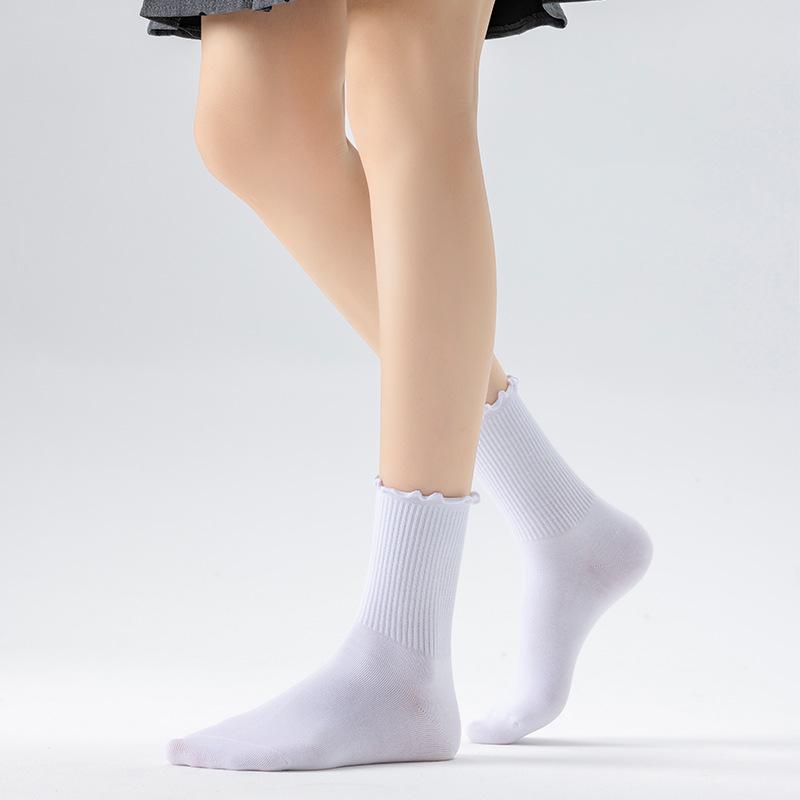 Women's Mid-Calf Lace Socks: Black Edge, Solid Color, Versatile Japanese Style, Four Seasons, Perfect for Mary Jane Loafers