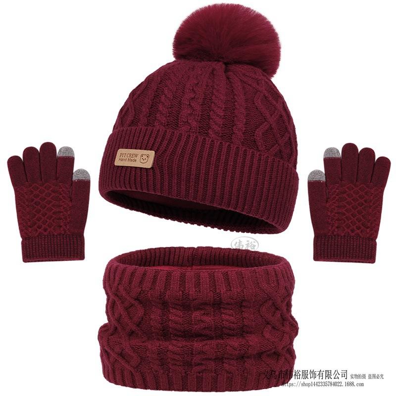Kids Winter Warm Knitted Set Pom‑pom Hat Scarf Gloves 3‑Pcs Set Or Single Beanie Hat Windproof Ear Protection For Boys Girls Cold Weather Outdoor