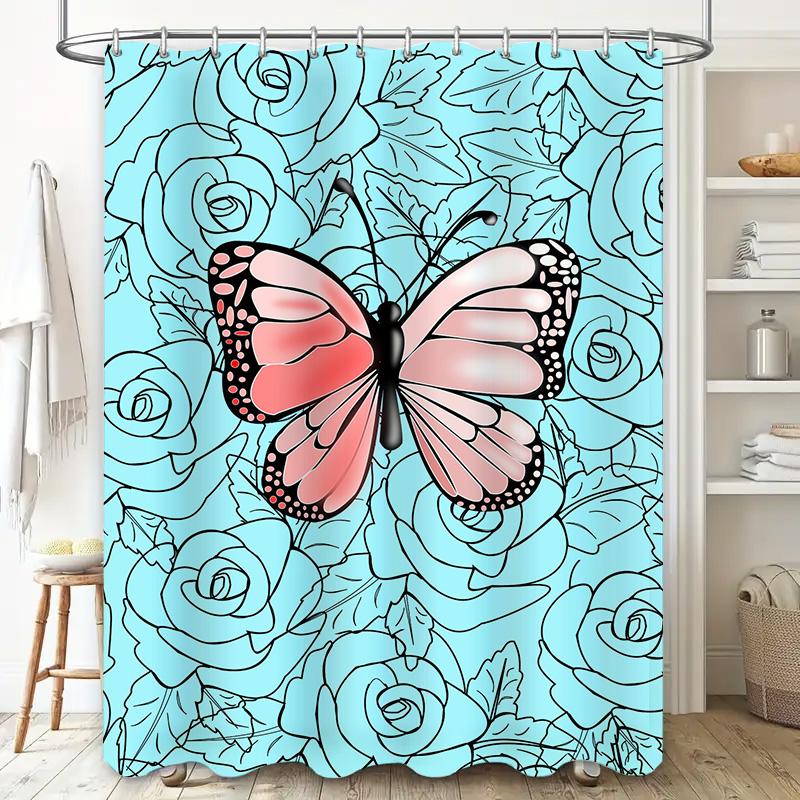 Blue Floral Shower Curtain With Pink Butterfly Decor For Bathroom Home Decor