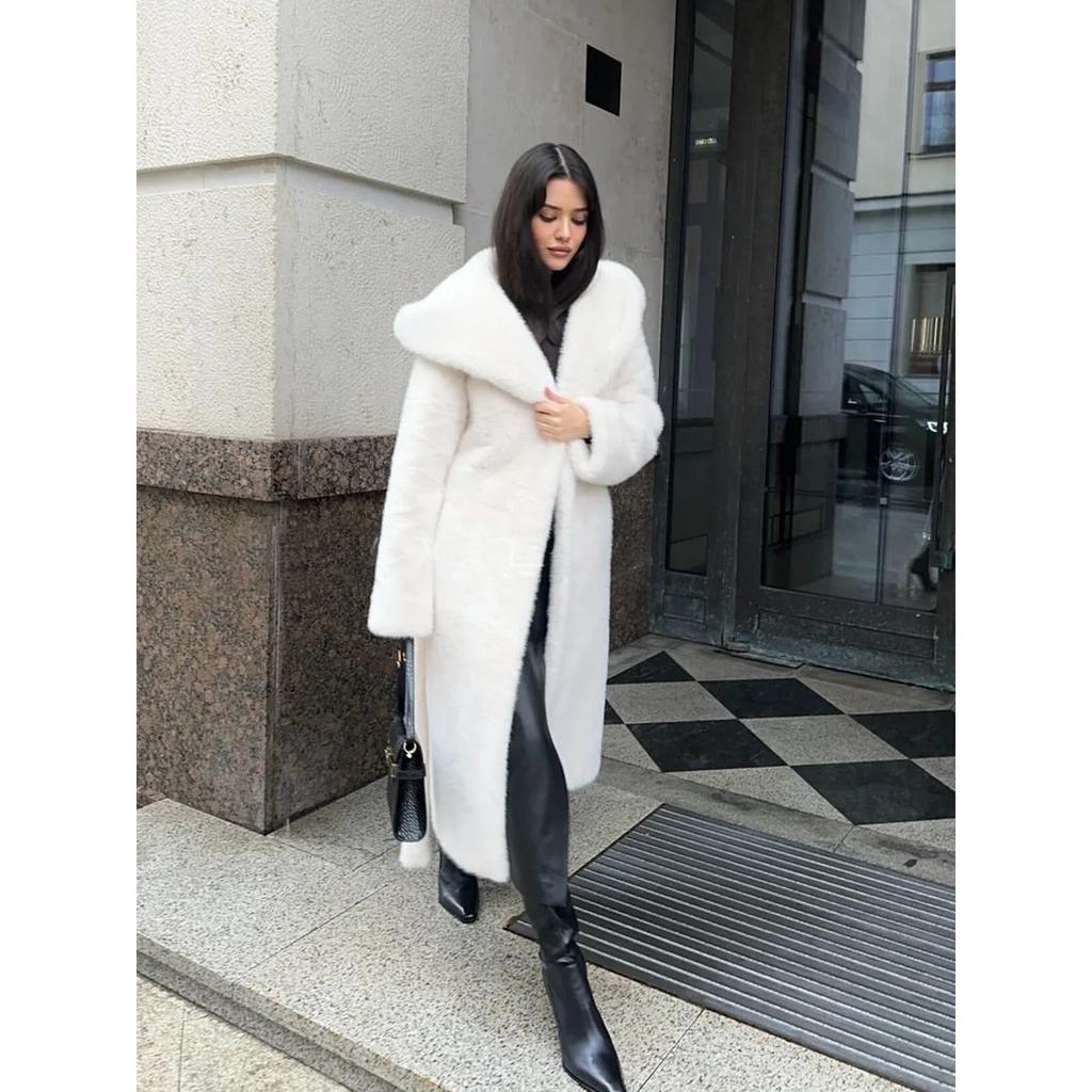 Damen Kunstpelz Lange Mäntel Mit Kapuze Übermäntel Schnürung Langarm Offene Masche Dicke Lockere Jacken Elegant Herbst Winter