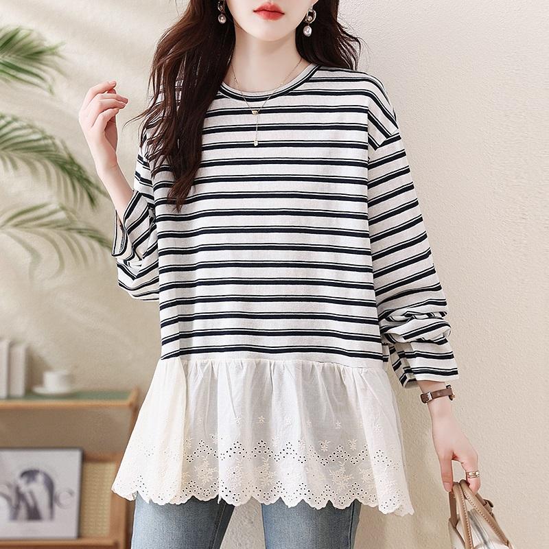 long sleeve oversized Knitted lace vintage stripe Casual loose spring autumn winter t shirt tops Women t-shirt