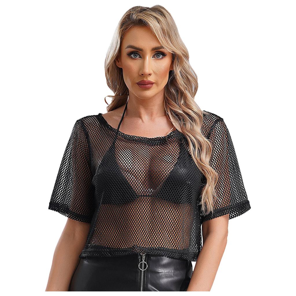 Damen Neon 80er Disco Fischernetz T-Shirt Kurzarm Ausgeschnitten Netz Crop Top
