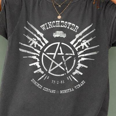 Tričko Winchester Brothers, Tričko inspirované Supernatural, Tričko s grafikou symbolu lovce, Vintage opotřebované tričko ze seriálu, Unisex ve stylu bootleg