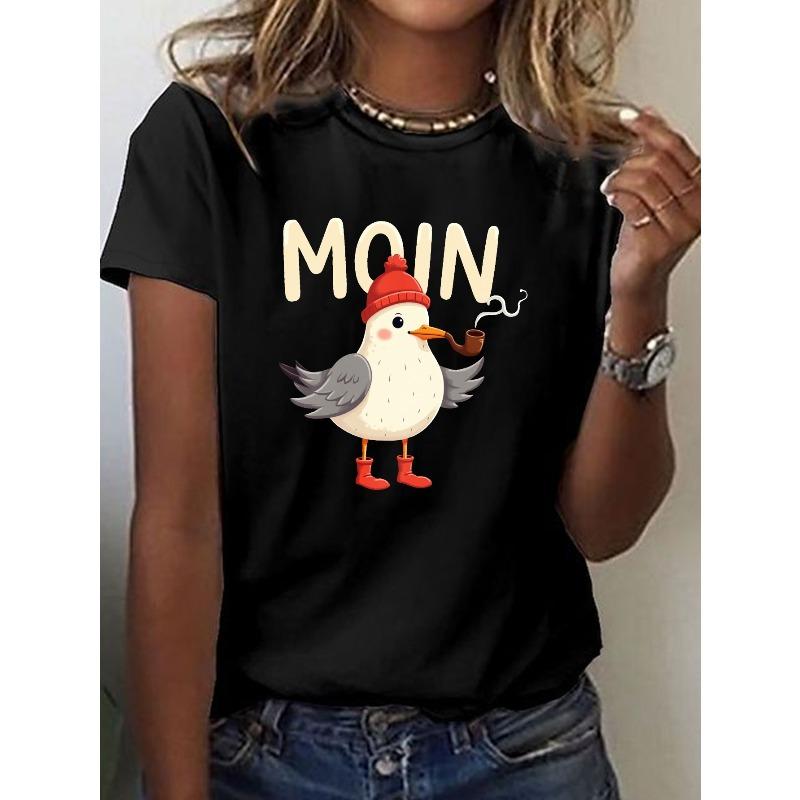 

Casual Short-Sleeve Crew Neck T-Shirt Featuring a Seagull Wearing a Red Beanie, Perfect for Spring And Summer, Designed for Women 4XL чорний
