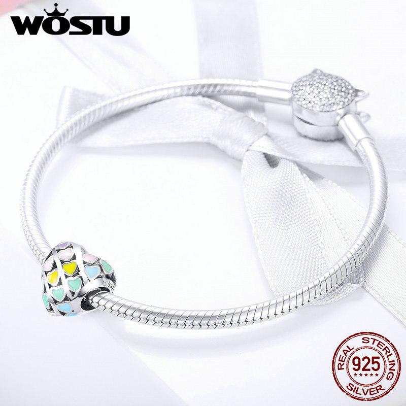 WOSTU Genuine 925 Sterling Silver Multi-Color Hearts Charms Bead Fit Original DIY Bracelet Bangle