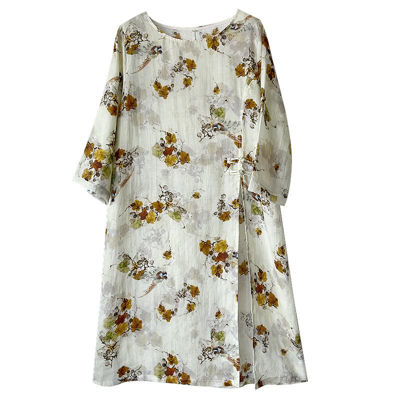 

Johnature льняная рубашка с круглым вырезом и принтом, оригинальная винтажная рубашка, осенняя женская мода, свободная повседневная рубашка в китайском стиле One Size бежевый