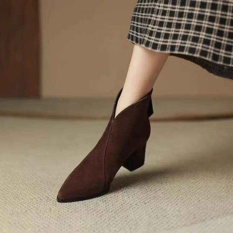 Women Ankle Boots Solid Color Pointed Toe Thick Heel Comfortable Zipper Platform Wedges Retro Short Booties Cowboy Shoes Female