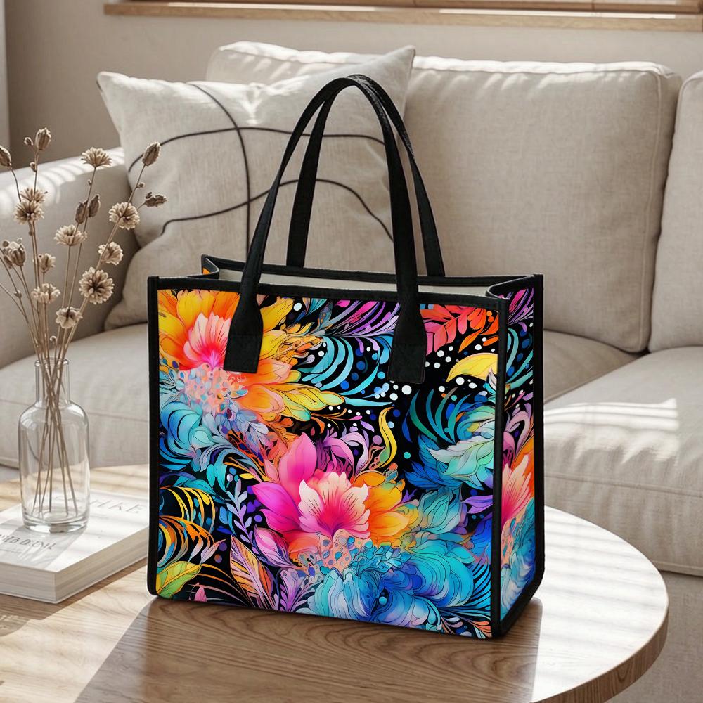 Colorful Floral Printed Tote Bag Large Capacity Casual Handbag for Daily Shopping