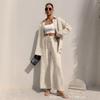Womens 2026 Solid Color Turn-Down Collar Long Sleeve Shirt Elastic Waist Tie-Front Casual Pant Set