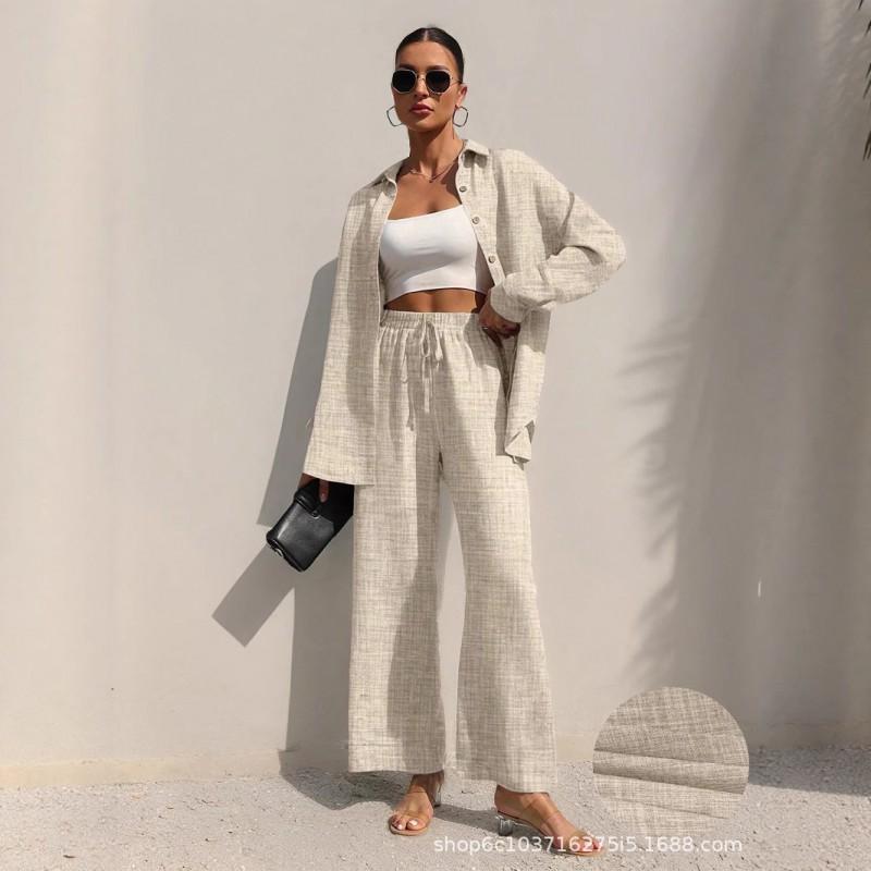 Womens 2026 Solid Color Turn-Down Collar Long Sleeve Shirt Elastic Waist Tie-Front Casual Pant Set