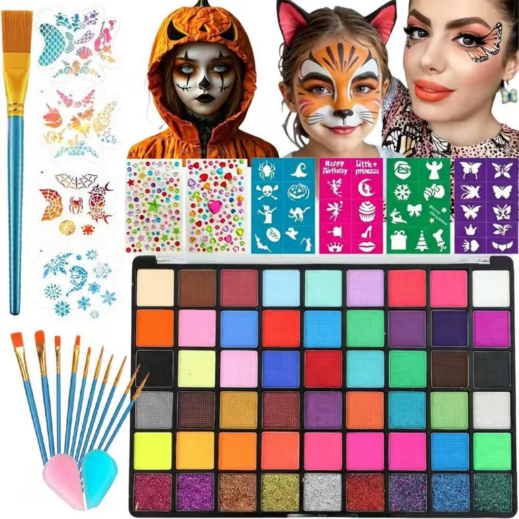 Face Paint Palette, Halloween and Easter Face Painting Makeup, Bright Colors, Quick Drying, Glitter, Gradient Effects & Stencils