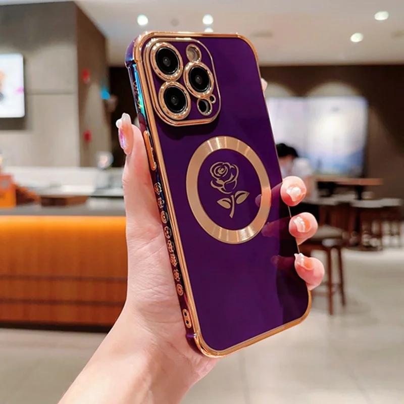 Etui z ramką 6D, z kwiatem róży z boku, dla iPhone 15 14 Plus 11 13 12 Pro Max, wstrząsoodporne, z możliwością ładowania bezprzewodowego, silikonowe, magnetyczne