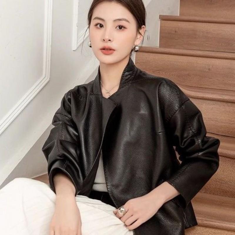 Womens Short Faux Leather Jacket Stand Collar Slim Fit Chic Vintage Style Fall Outerwear
