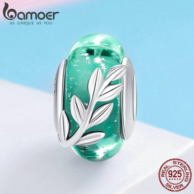 

BAMOER Натуральное серебро 925 пробы листья дерева зеленый лист бусины из муранского стекла подходят для браслетов-подвесок SCC863