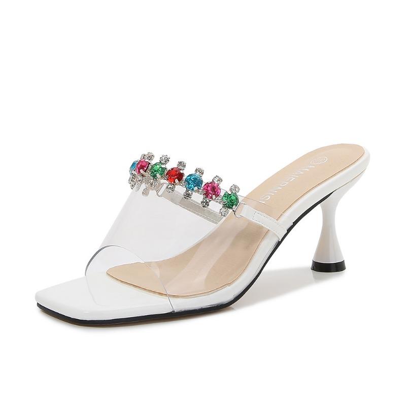 

New cool slippers women s fish mouth colored diamonds decorative temperament lady daily leisure shopping versatile wear high-heeled sandals 35 белый