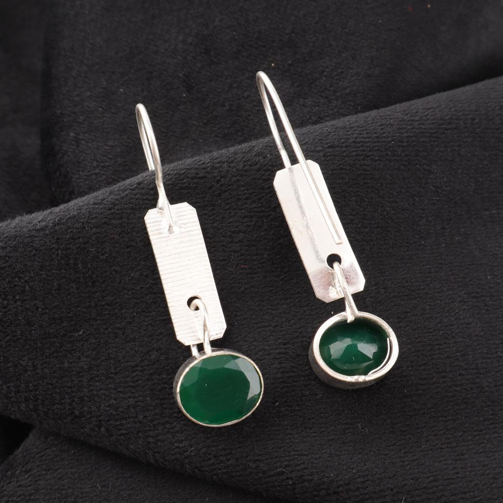 Green Onyx Gemstone 925 Solid Silver Jewelry Handmade Earrings 1.9" Gift For Her EE-168-18