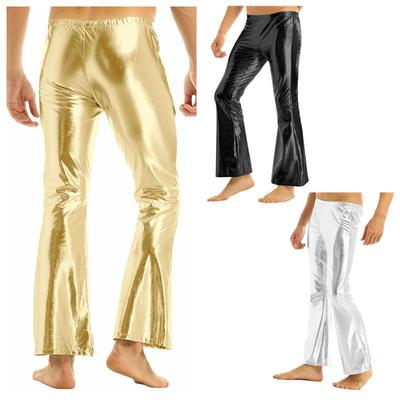 Adult Mens Shiny Metallic Disco Pants with Bell Bottom Flared Long Pants Dude Costume Trousers