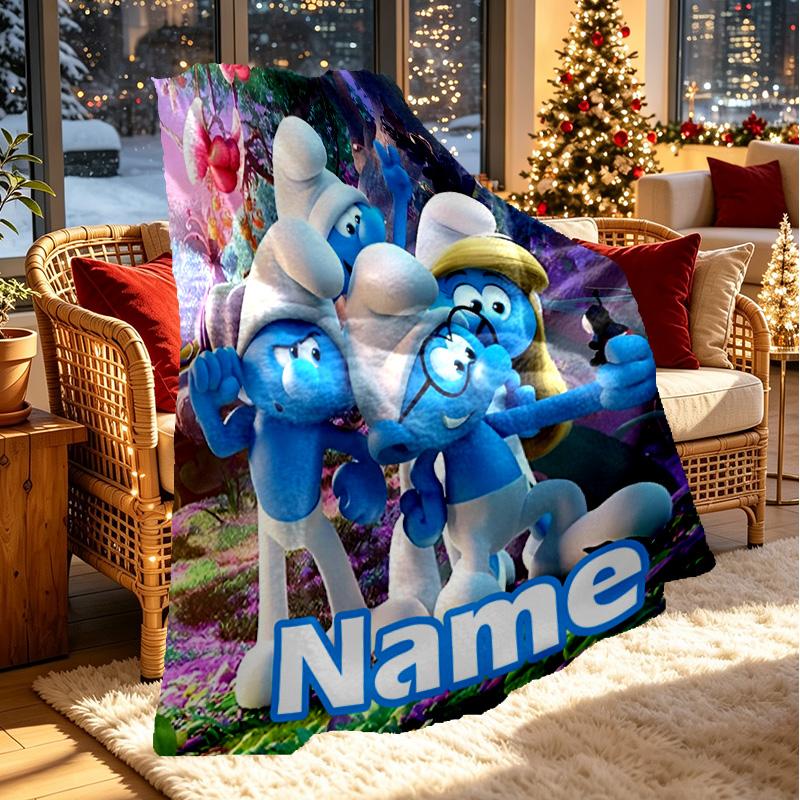 Custom Name Personalized Blue Smurfs Print Blanket, Home Decor, Bedroom, Sofa, Camping, Couch, Gifts for Birthday Christmas