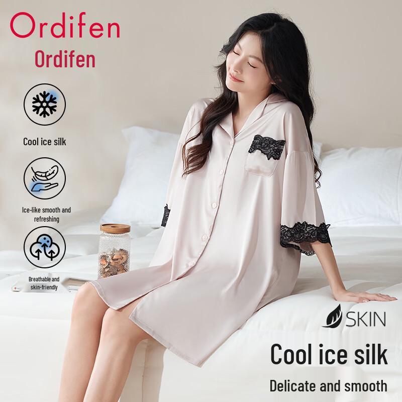Audifen Women s Ice Silk Lace Trim Nightdress M