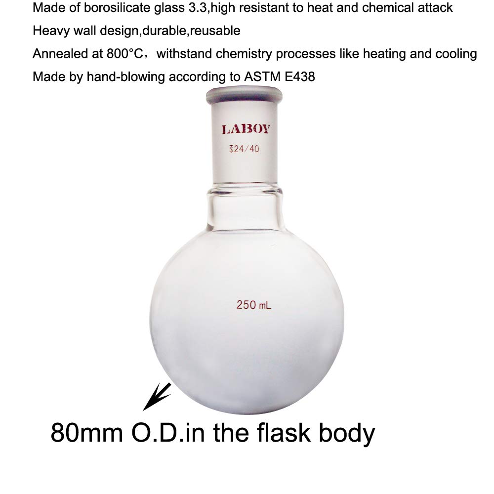 Laboy Glass 250mL Round Bottom Boiling Flask, Single Neck Heavy Wall Borosilicate with 24/40 Joint – Heating, Reaction & Receiving Flask for