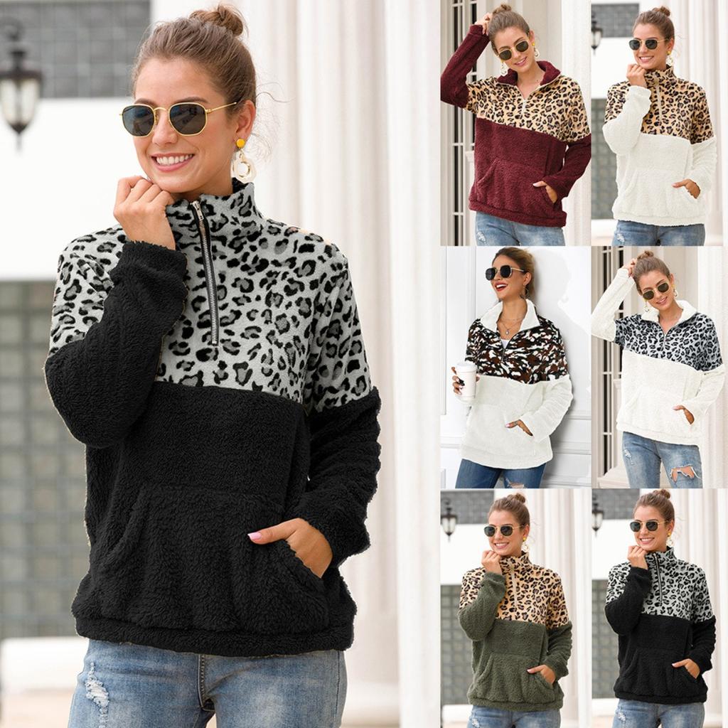 Women's Half Zip Stand Collar Long Sleeve Leopard Patchwork Sweatshirt Loose Fit Casual Fleece Pullover Top
