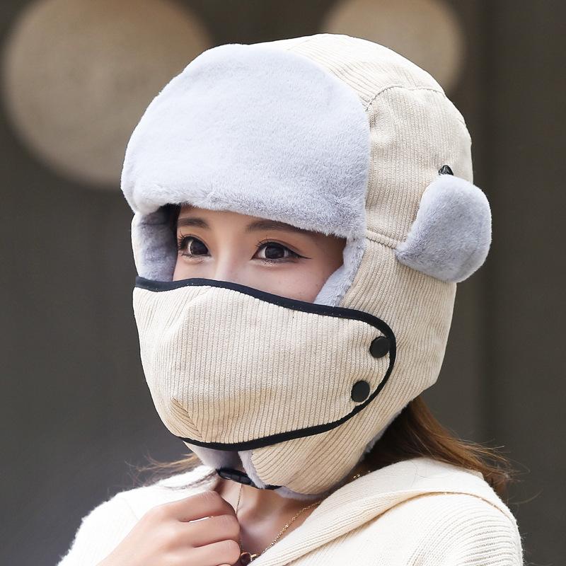 Female warm imitation rabbit fur corduroy with mask winter travel male cute velvet thickened cotton hat