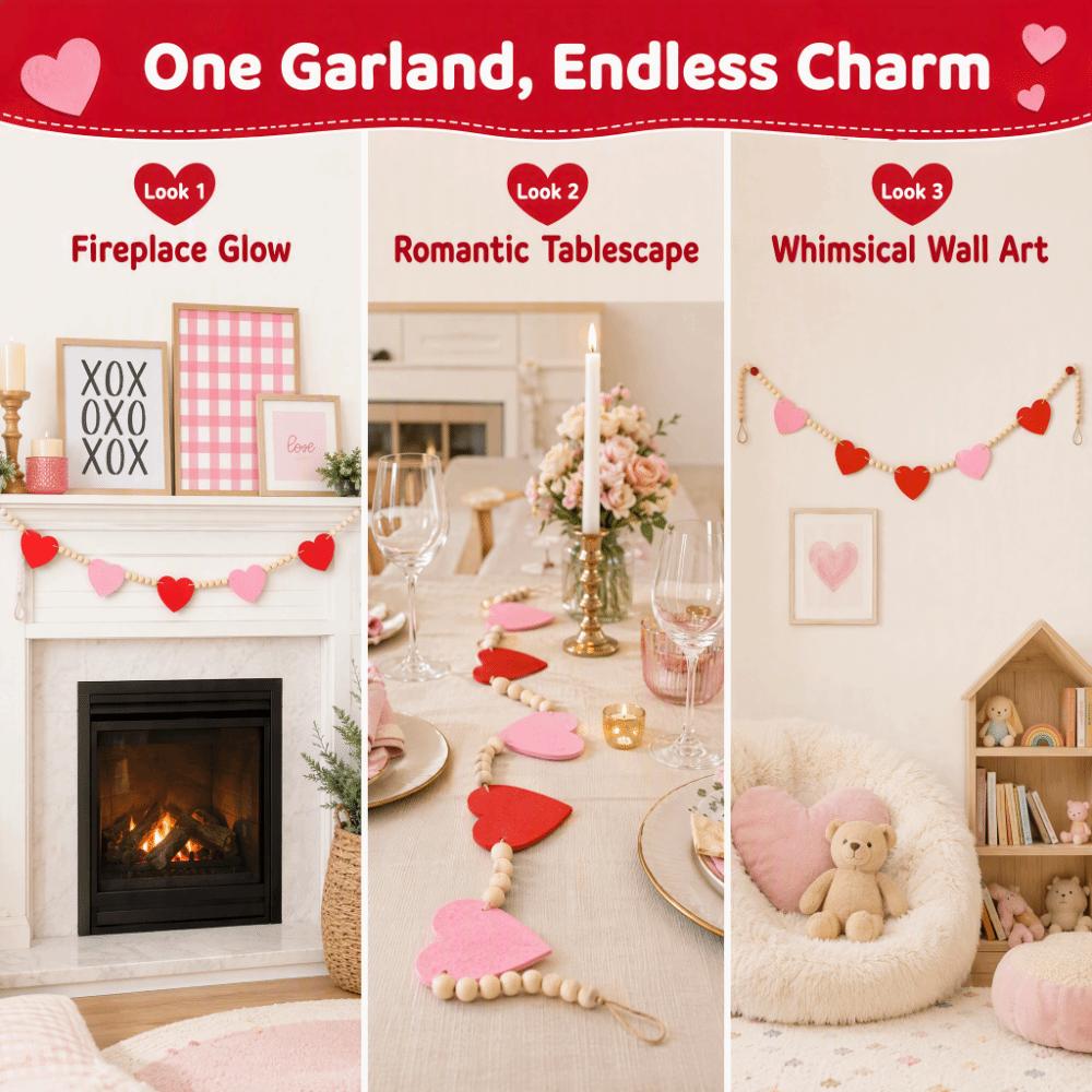 61.81in Felt Heart Garland Red Pink Color Valentine Bunting Banner Valentine's Day Decor