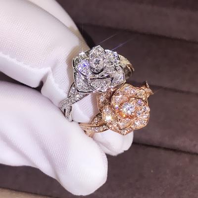 18K Rose Gold Plated Simulated Zircon Ring Rose Flower Wedding Band for Women Elegant Lady