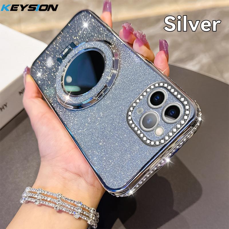 KEYSION Luxury Glitter Jewelled Magnetic Phone Case for iPhone 11 12 Pro Max Makeup Mirror Ring Stand Shockproof Back Cover