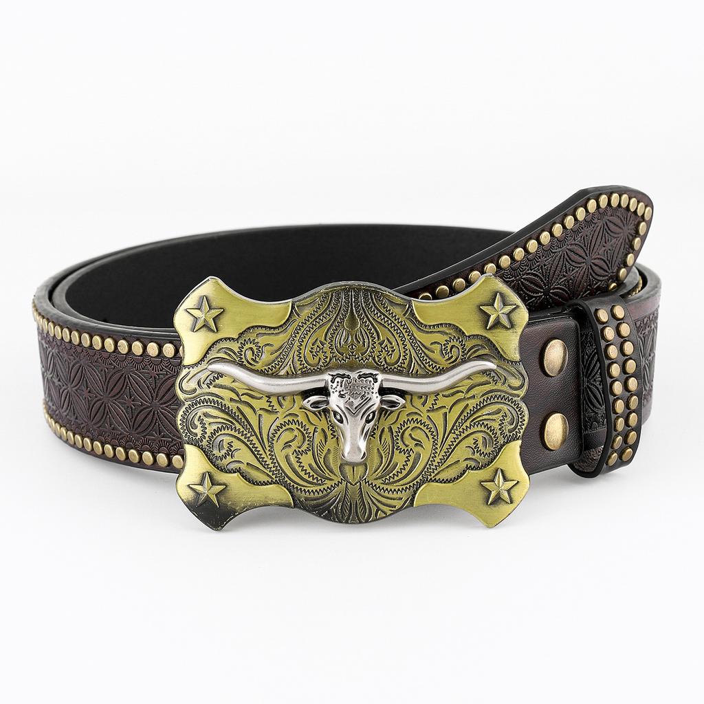 Western Denim Belt Bull Head Big Board Mouth Vintage Retro Men'S Punk Embossed Leather Waist