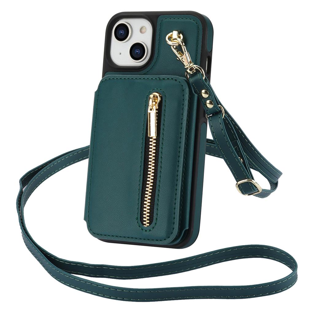 For iPhone 13 Case Zipper Pocket Kickstand Leather+TPU Phone Cover with 2 Straps