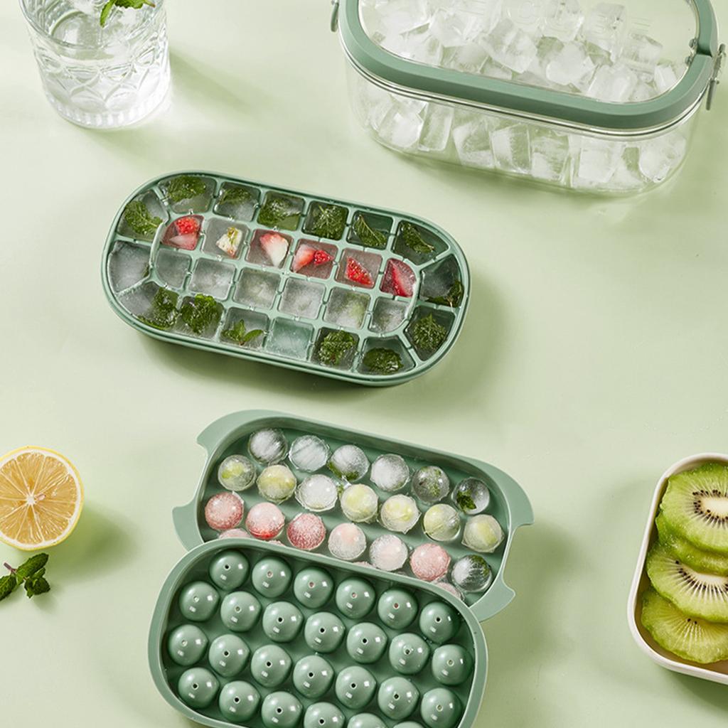 Ice Cube Tray with Lid and Bin Reusable Silicone Ice Ball Maker for Freezer 2-Layer Stackable Ice Tray Molds Release Ice Ball