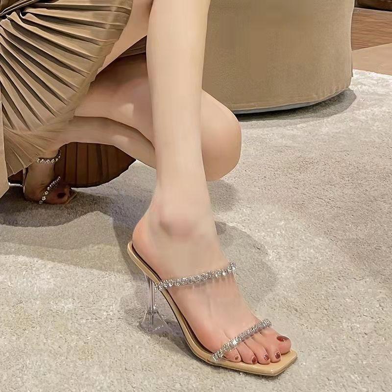Rhinestone word with sandals outside sandals 2025 spring and summer French crystal thin heel fashion transparent niche high heels