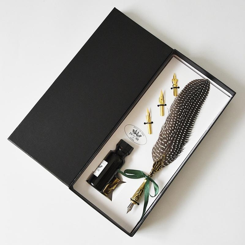 Retro Feather Pen Goose Feather Pen Ink Pen Dip Water Metal Fountain Pen Set Birthday Gift Box School Supplies Stationery