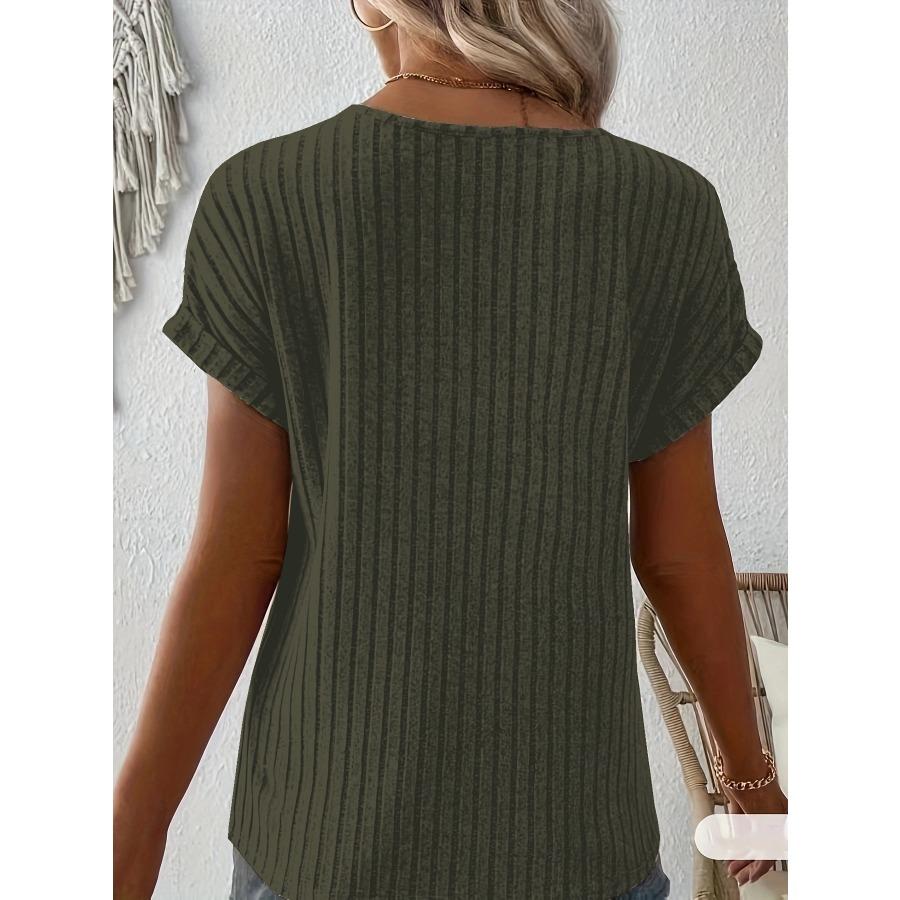 Exquisite Ribbed Round Neck Notched T-shirts Comfortable and Versatile Cashmere Short Sleeved Women's T-shirts