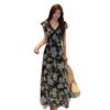 Summer Resort Style V-Neck Ruffle Sleeve High-Waist Floral Print Long Dress for Women