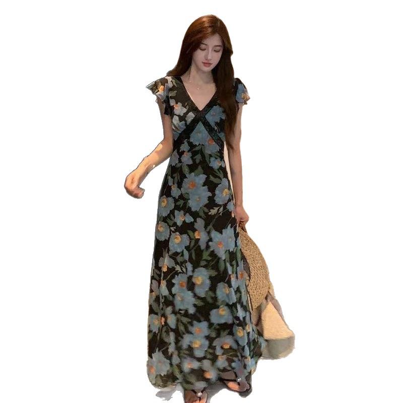 Summer Resort Style V-Neck Ruffle Sleeve High-Waist Floral Print Long Dress for Women